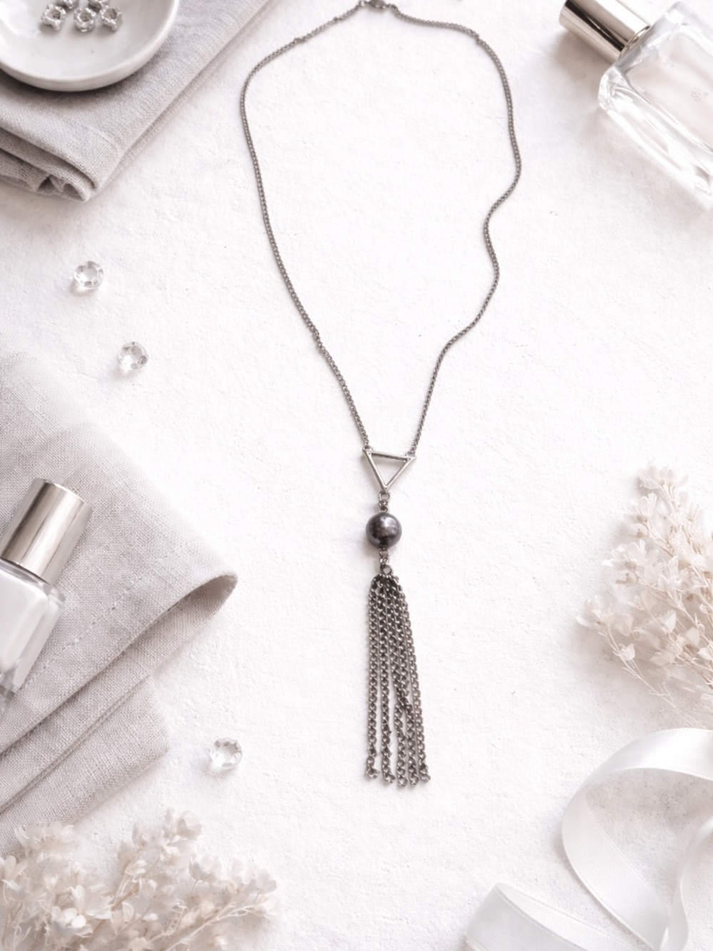Silver Tassel Necklace Geometric Triangle Pendant Long Chain Minimalist Boho